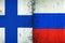 Cracked flags of Russia and Finland. International political relations. Conflict. Political Economic background