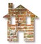 Cracked house concept image with house icon against a brick wall background