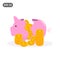 Cracked pink piggy bank with piles of golden dollar coins. Broken pink coin box