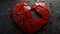 Cracked red heart shape on textured dark wooden background for emotive visual impact