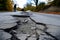 cracked road with person inspecting damage