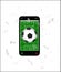 Cracked screen smartphone with a football field and soccer football