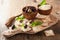 Crackers with soft cheese and olives. healthy appetizer