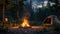 a crackling bonfire, its flames dancing amidst the surrounding forest, with chairs and a camping tent nearby.