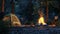 a crackling bonfire, its flames dancing amidst the surrounding forest, with chairs and a camping tent nearby.