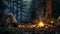 a crackling bonfire, its flames dancing amidst the surrounding forest, with chairs and a camping tent nearby.