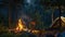 a crackling bonfire, its flames dancing amidst the surrounding forest, with chairs and a camping tent nearby.
