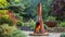 The crackling fire contained within the tall and slender chiminea creates a cozy gathering place for family and friends