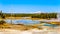 Crackling Lake in the Porcelain Basin of Norris Geyser Basin area in Yellowstone National Park in Wyoming, USA