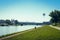 Cracow, Poland - August 27, 2022: View of the Vistula river. Viewing balloon floating above the city