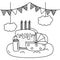 Cradle with birthday cake in black and white