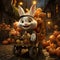 Craft an animated scene where a cart filled with Halloween pumpkins is being pulled by a donkey.