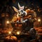 Craft an animated scene where a cart filled with Halloween pumpkins is being pulled by a donkey.