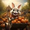 Craft an animated scene where a cart filled with Halloween pumpkins is being pulled by a donkey.