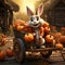 Craft an animated scene where a cart filled with Halloween pumpkins is being pulled by a donkey.