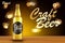 Craft beer ads design. Realistic malt bottle beer on wooden table with retro golden background. Vector 3d illustration