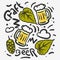 Craft Beer Hand Drawn Vector Design With Mugs Of Beer Hops Leaves Illustrations