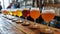 Craft beer tasting: A lineup of beer glasses filled with various types of beer, sits neatly on top of a rustic wooden