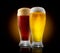 Craft beer. Two glasses of cold light and dark beer isolated on black