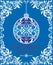 Craft blue greeting for winter holidays with decorative cut out floral border and hanging ball