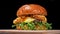 Craft burger is cooking on black background. Consist: sauce, arugula, tomato, red onion rings fries, cucumber, cheese