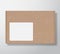 Craft Cardboard Box Container with Clear White Square Label Template. Realistic Carton Texture Packaging Mock Up with