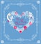 Craft Christmas pastel blue greeting card with heart shape wreath with paper cutting snowflakes, little angels, Xmas tree, balls,