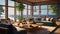 Craft a coastal luxury lounge with natural wood accents, a comfortable couch, and a wall of windows that opens to the sound and