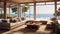 Craft a coastal luxury lounge with natural wood accents, a comfortable couch, and a wall of windows that opens to the sound and