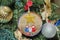 Craft decorations for Christmas tree, recycled fabrics and can lids, jesus births in white red and blue