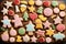 Craft a delightful scene by arranging many tasty sugar cookies on a charming wooden board. Showcase the variety of shapes and