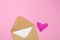 Craft envelope with blank note, pink paper hearts