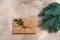 Craft envelope with a spruce branch on a beige rustic background. Letter to Santa Claus. Beautiful Christmas background. Top view