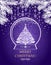 Craft magic Christmas card with glowing globe with Xmas ornate tree, conifer branches vignette and hanging decoration on purple ba