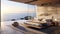 Craft a modern luxury bedroom with sleek, minimalist furnishings, and a breathtaking view of the ocean waves crashing against the