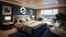 Craft a nautical-themed luxury bedroom with a yacht-inspired design, navy blue accents, and porthole-style windows overlooking the