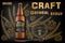 Craft oatmeal stout beer ads. Realistic malt bottle beer isolated on retro background with ingredients wheats, hops and