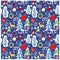 Craft paper navy blue seamless wallpaper with Christmas pattern with snowy firs, trees, reindeer, angel, apple, candy, cookies, ji