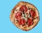 craft pizza with ham on a blue background for food delivery website 1