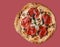 craft pizza with ham on a red background for a food delivery site 3