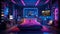 Craft a retro-futuristic luxury neon bedroom with neon accents, vintage arcade games, and a bed that appears to float in a neon-