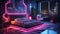 Craft a retro-futuristic luxury neon bedroom with neon accents, vintage arcade games, and a bed that appears to float in a neon-