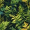 Craft a seamless organic pattern that captures the intricate textures of sunlit ferns in a shaded forest. AI Generated