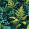 Craft a seamless organic pattern that captures the intricate textures of sunlit ferns in a shaded forest. AI Generated