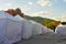 Craft tents prepared for opening day of an arts festival in the mountains