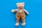 Craft toys for kids. Handmade teddy bear. Blue background top view