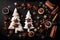 Craft a unique Christmas scene with a Christmas tree made from flour, set against a stylish black background. Enhance the visual