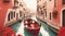 Craft a vector scene of a white and red gondola ride through romantic canals