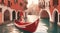 Craft a vector scene of a white and red gondola ride through romantic canals