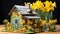 Craft a vibrant meadow scene with a wooden building featuring a terrace